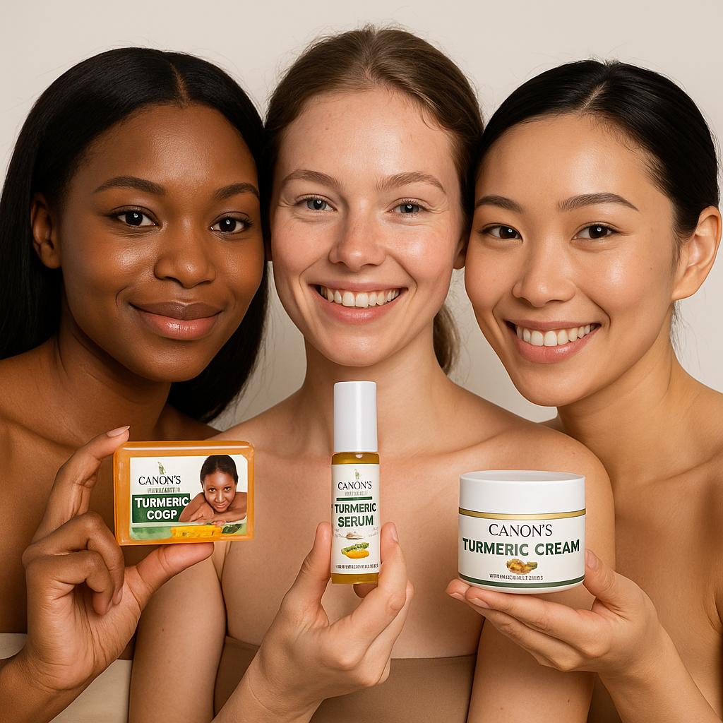 women holding Turmeric skincare products