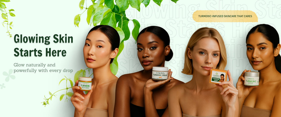Four women holding skincare products with a green leafy background and text about glowing skin.