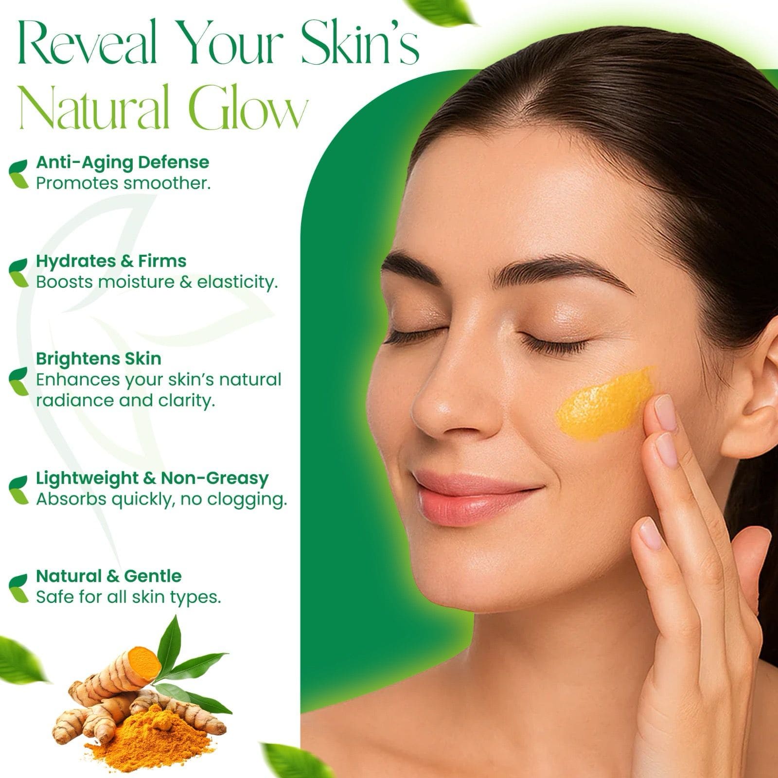 Woman applying a skincare product with text about skin benefits on a green background