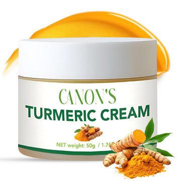 Jar of Canon's Turmeric Cream with turmeric root and powder on a white background