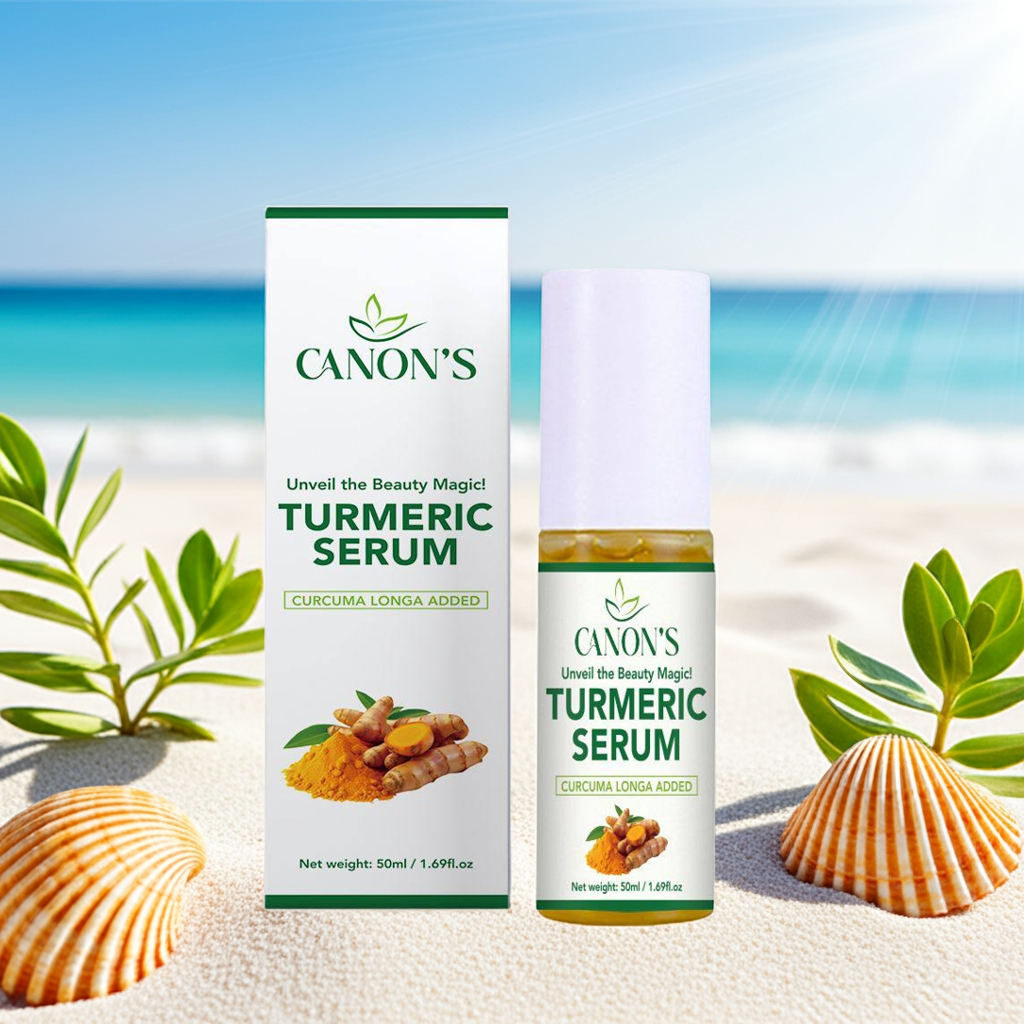 Canon's Turmeric Serum packaging on a beach with shells and plants