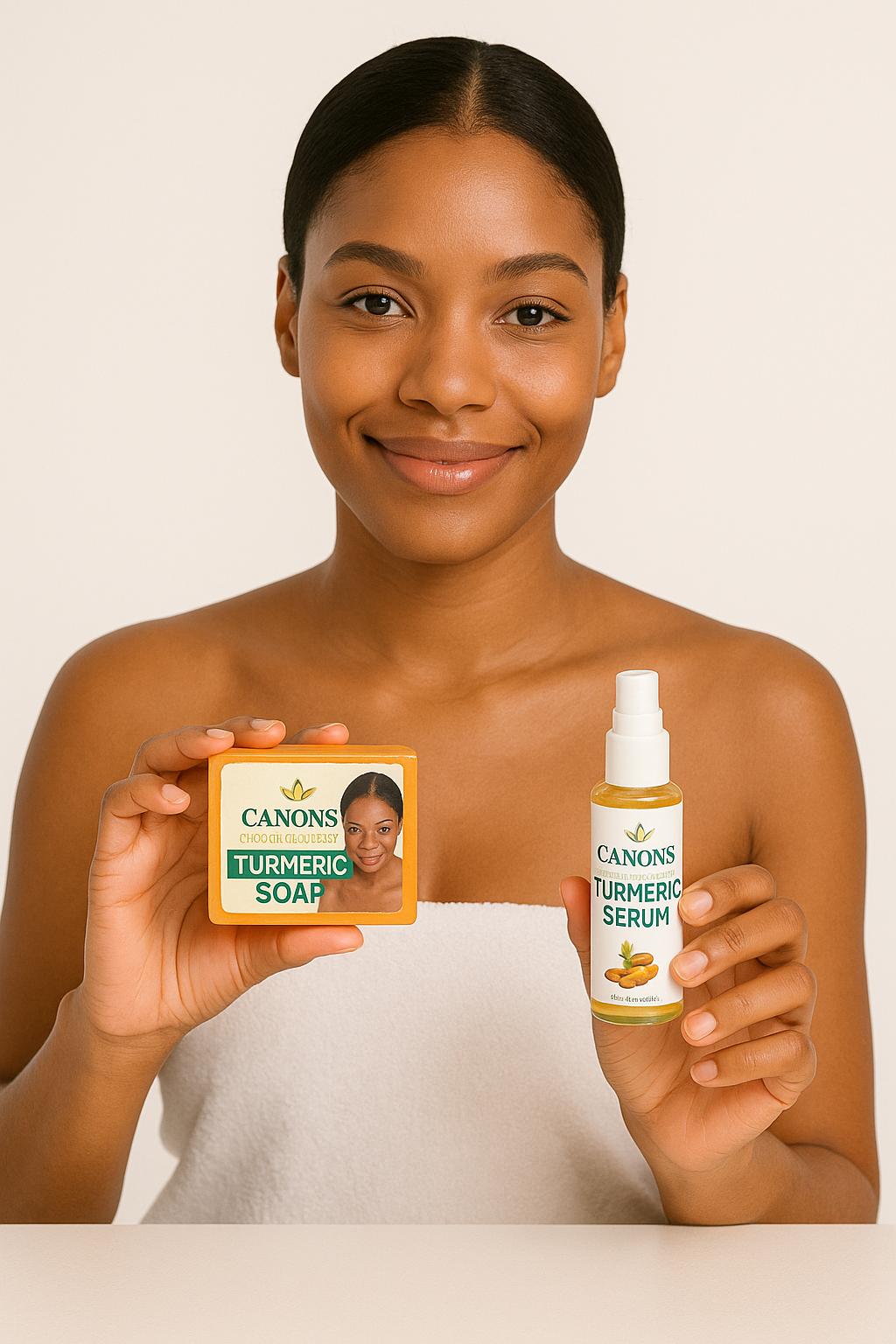 Woman holding Canons Turmeric products