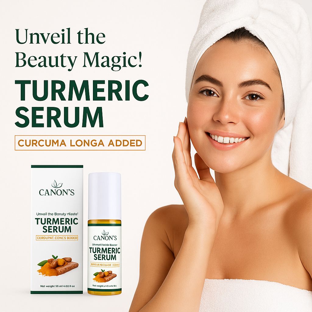 Advertisement for Cano's Turmeric Serum with a woman applying serum to her face.