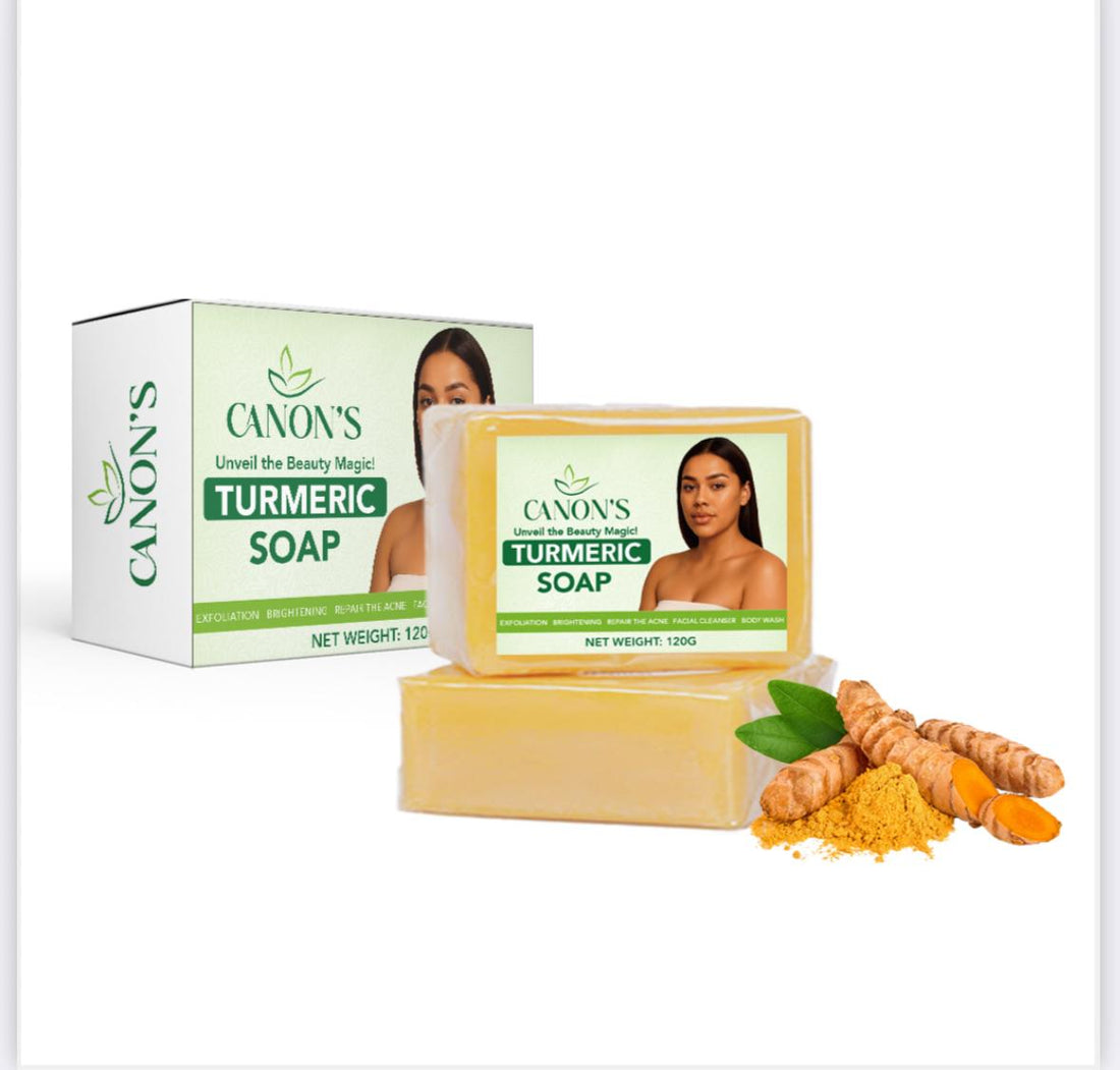 Canon's Turmeric Soap with packaging, turmeric root, and powder on a white background