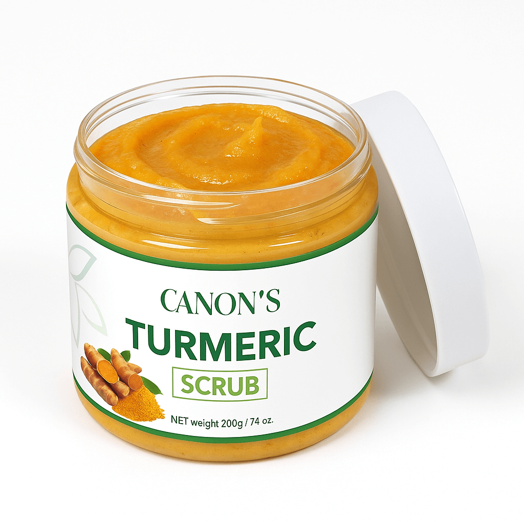 Jar of Canon's Turmeric Scrub with a white lid on a white background