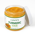 Jar of Canon's Turmeric Scrub with a white lid on a white background