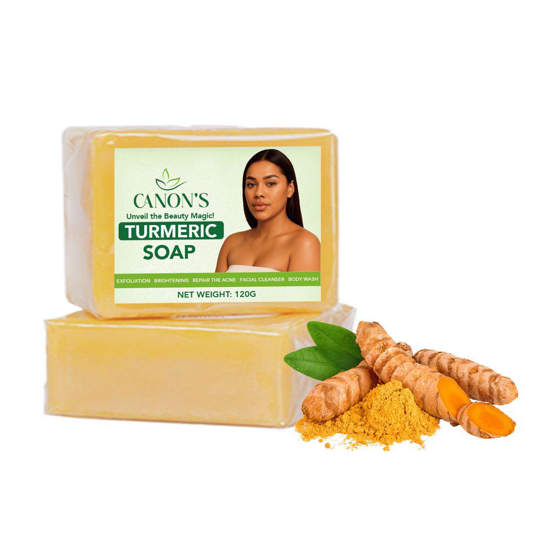 Canon's Turmeric Soap with packaging, turmeric root, and powder on a white background