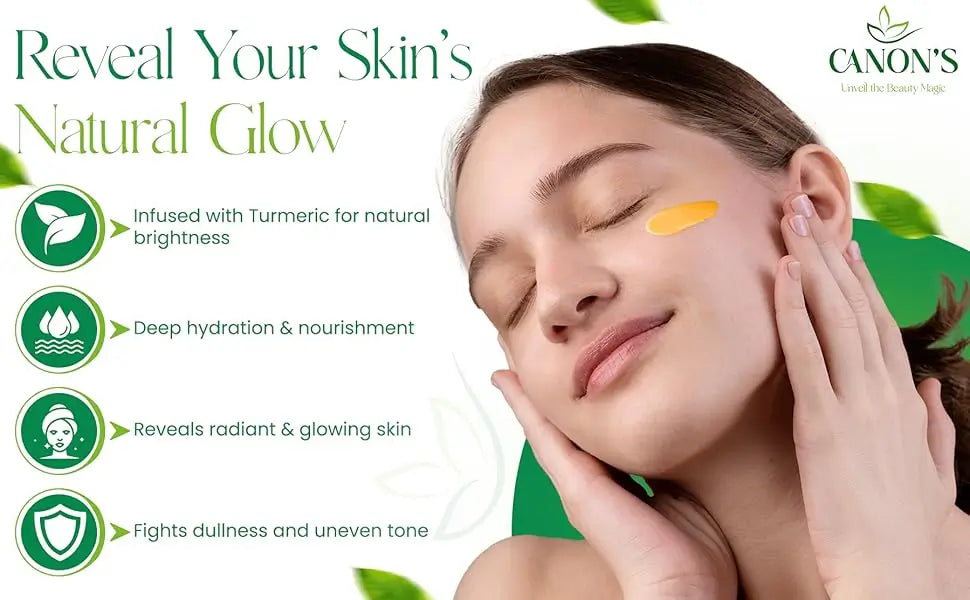 Woman applying turmeric skincare cream to her face.