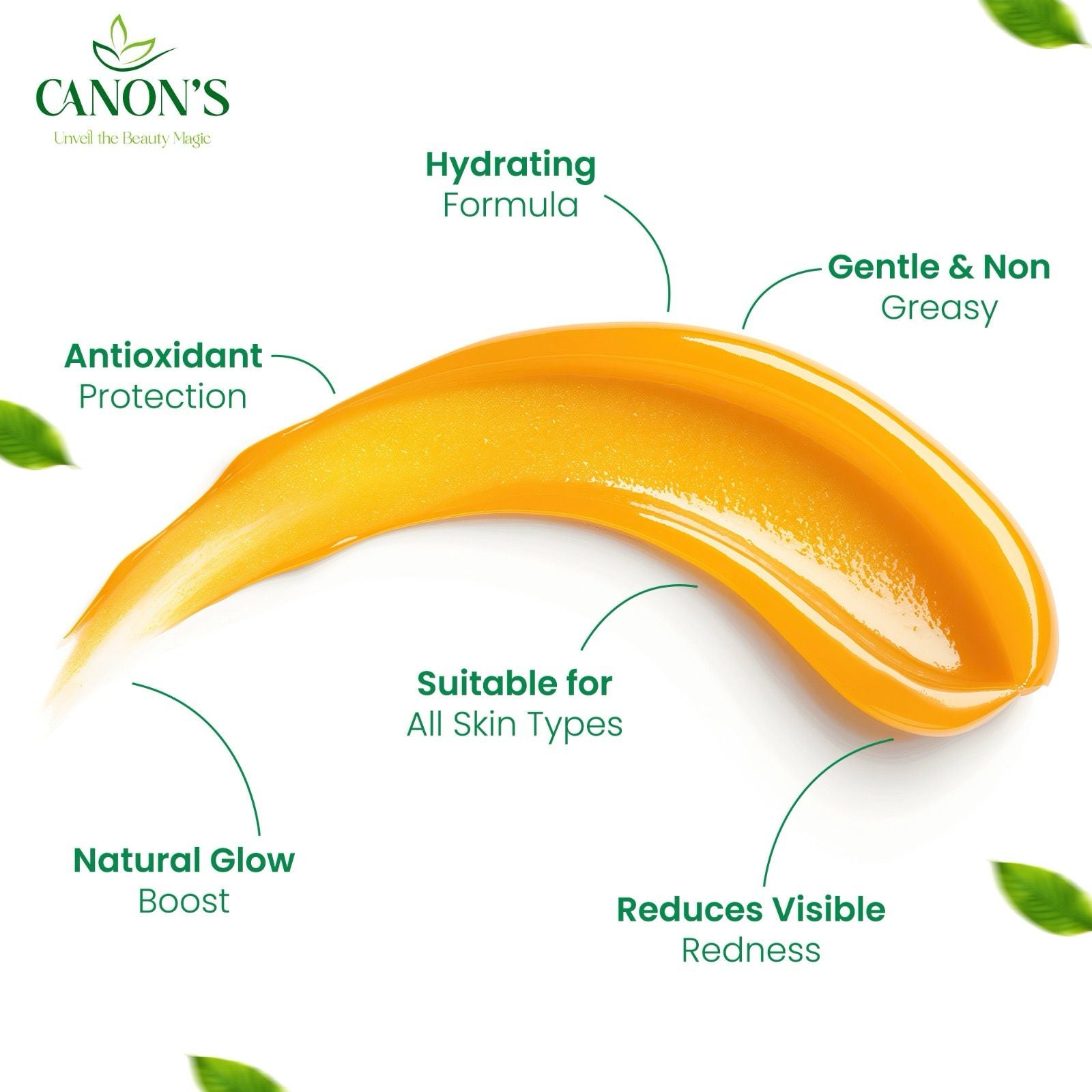 Yellow cream swatch with text highlighting benefits on a white background, featuring Canon's brand.