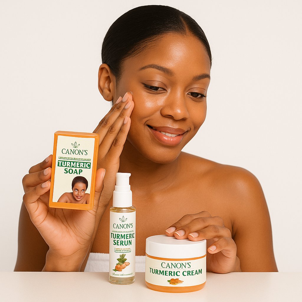 Woman holding Turmeric Soap, Serum, and Cream 